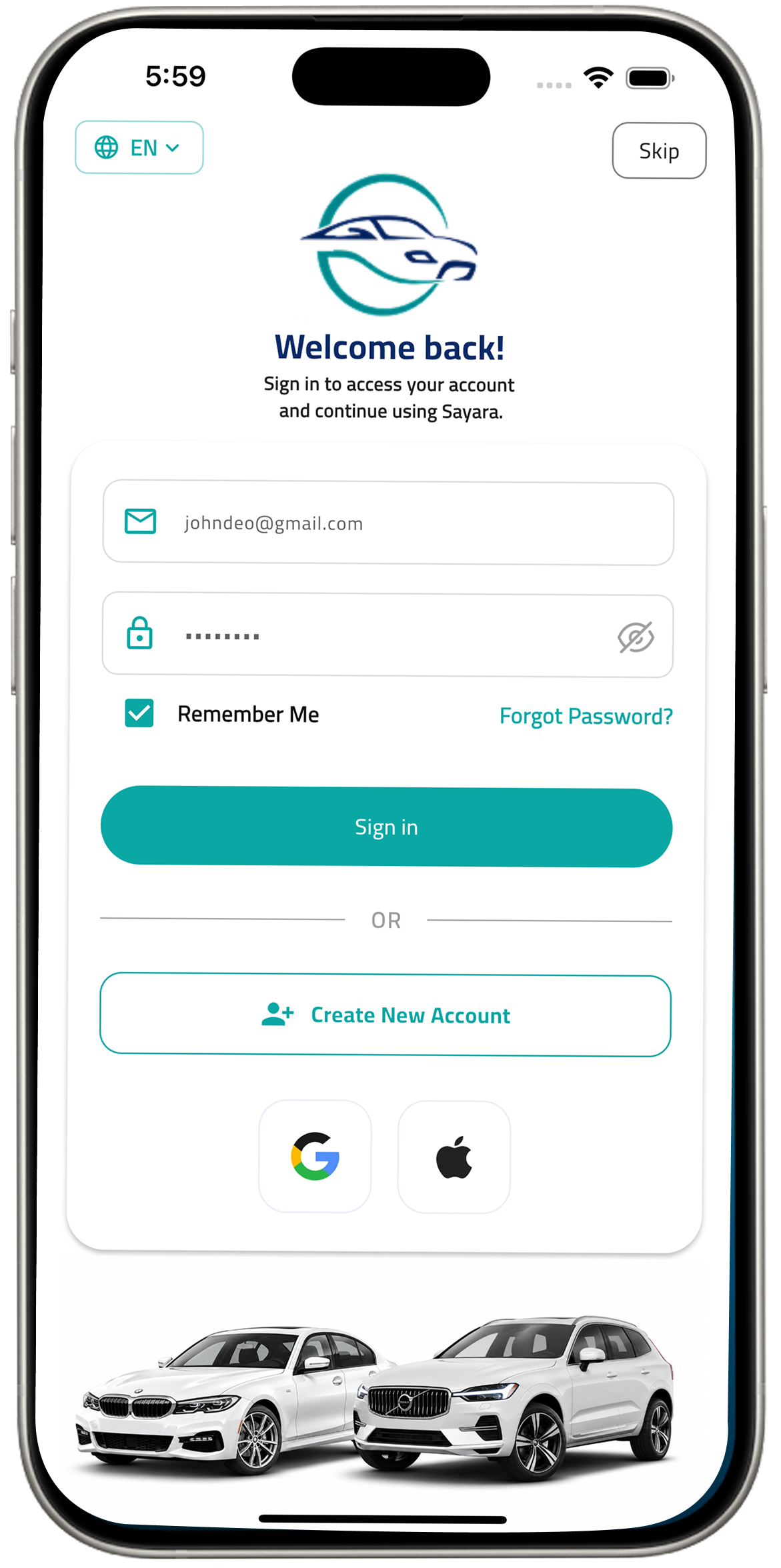 Sayara Vehicle App Login Screen